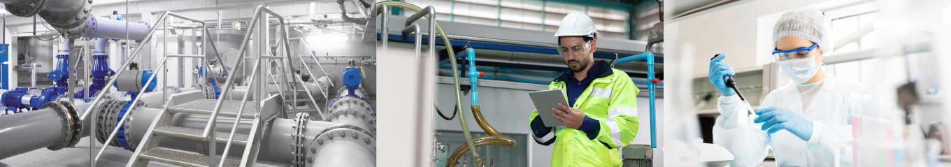 Mitarbeiter prüfen und analysieren Trinkwasser einer Trinkwasseranlage.