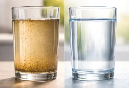 Vergleich von verunreinigtem und klarem Trinkwasser.