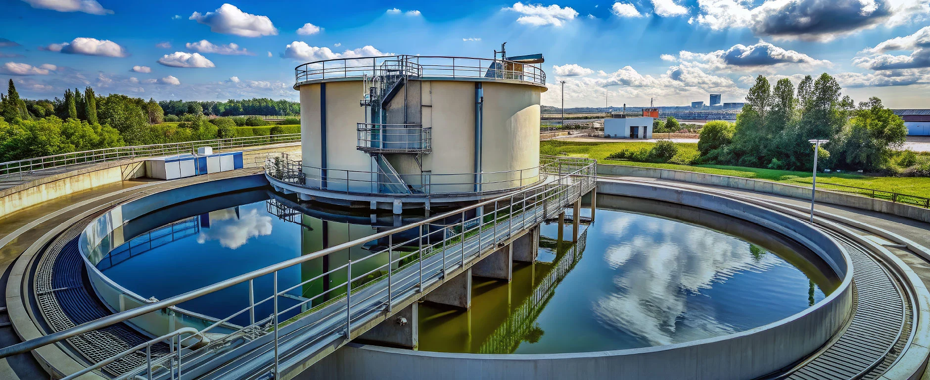 Rundbecken einer Industrieanlage für die Wasseraufbereitung mit Flockungsmitteln.